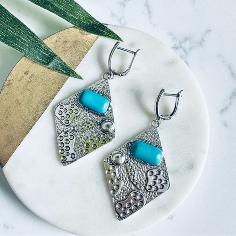 2/$30🌵 Faux Turquoise Stone Stamped Metal Diamond Geo Drop Earrings Bohemian
